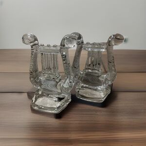 VINTAGE PAIR OF FOSTORIA CRYSTAL LYRE HARP BOOKENDS - HEAVY SOLID GLASS - 1940'S